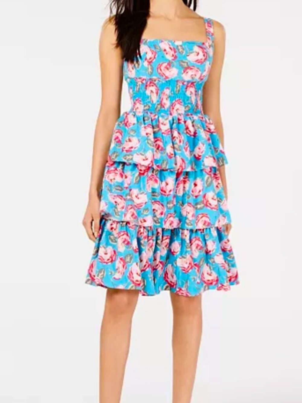 Betsey Johnson Teal Blue Pink Floral Layered Ruffled Midi Dress